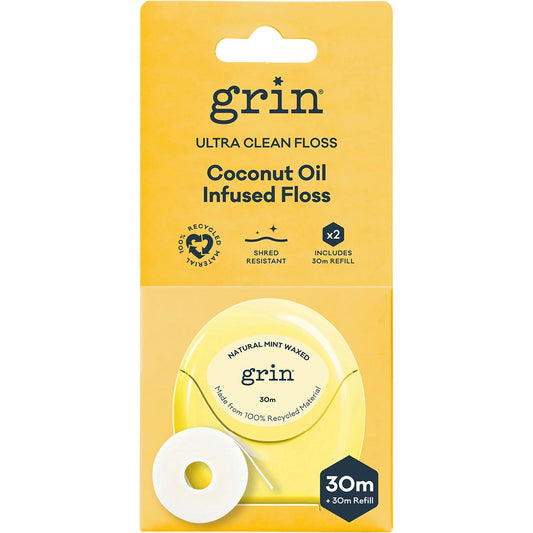Grin- Ultra Clean Floss Coconut Oil Infused 30m + Refill-8x2pk