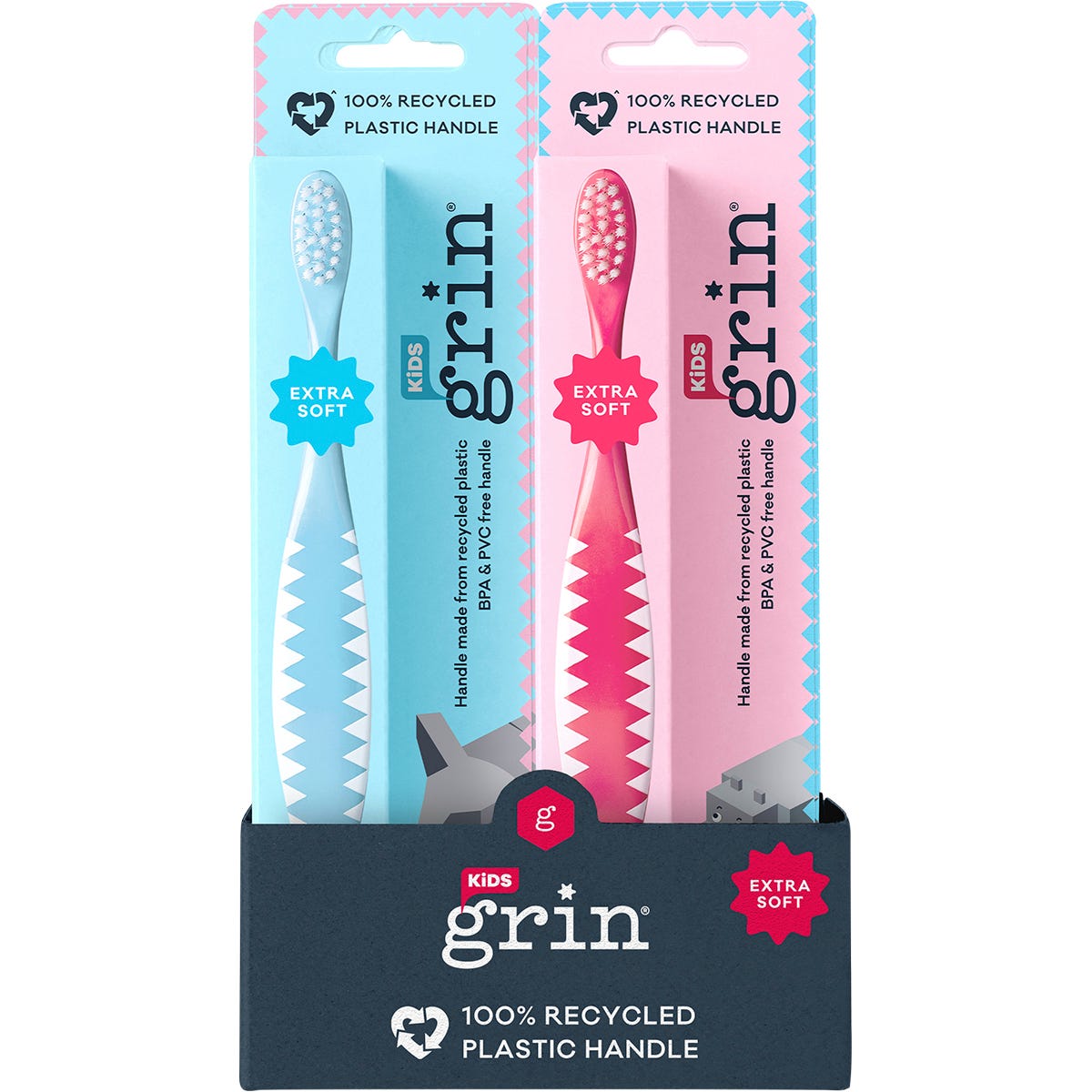 Grin- 100% Recycled Toothbrush Kids Extra Soft Pink, Blue-x8
