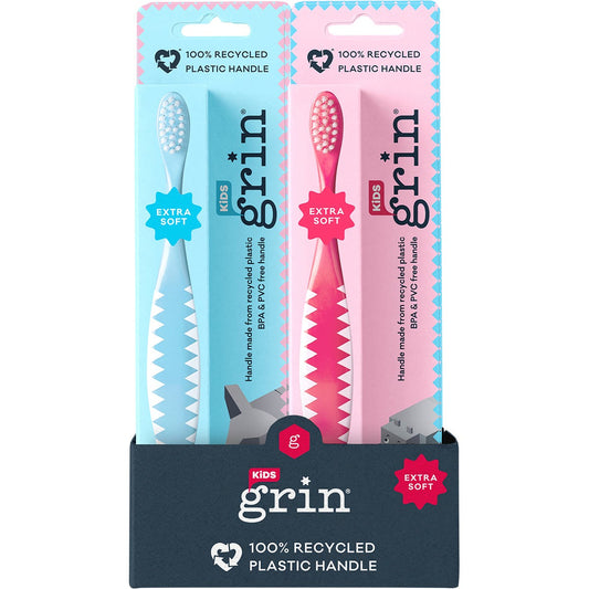 Grin- 100% Recycled Toothbrush Kids Extra Soft Pink, Blue-x8