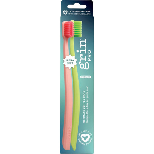 Grin- Pro Ultimate Gentle Toothbrush Ultra Soft Pink, Green-8x2pk