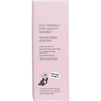 Happy Way- Glass Tumbler with Stainless Steel Straw-580ml