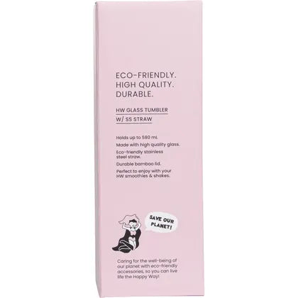 Happy Way- Glass Tumbler with Stainless Steel Straw-580ml
