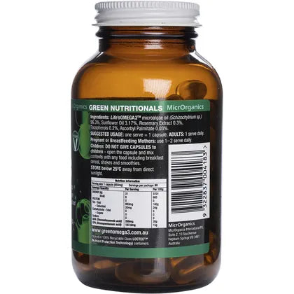 Green Nutritionals- Green Omega3 Vegan Capsules 255mgDHA + 127mgEPA-90 Caps