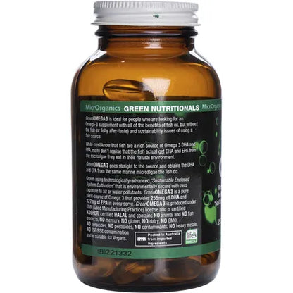 Green Nutritionals- Green Omega3 Vegan Capsules 255mgDHA + 127mgEPA-90 Caps