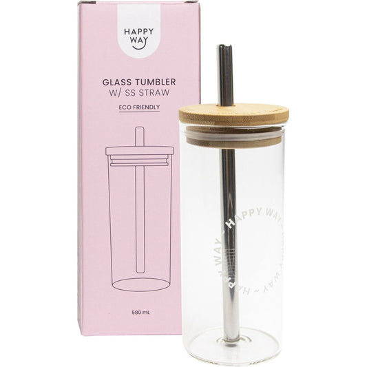 Happy Way- Glass Tumbler with Stainless Steel Straw-580ml