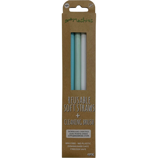 Little Mashies- Reusable Soft Silicone Straws Pastel + Cleaning Brush-4pk