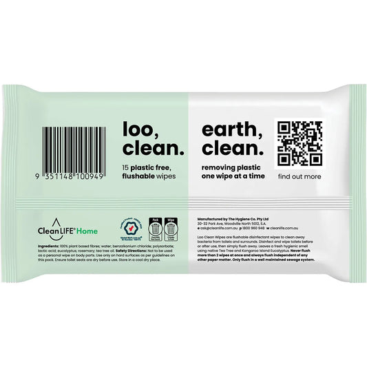 CleanLIFE- Loo Clean Flushable Plastic Free Wipes-15pk