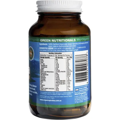 Green Nutritionals- Mountain Organic Spirulina Vegan Capsules 520mg-180 Caps