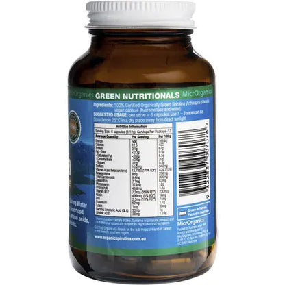 Green Nutritionals- Mountain Organic Spirulina Vegan Capsules 520mg-180 Caps