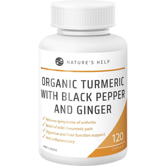 Nature's Help- Organic Turmeric Capsules with Black Pepper Ginger-120 Caps