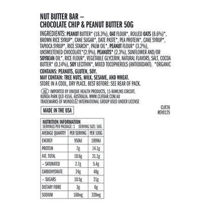 CLIF- Nut Butter Bar Chocolate Chip & Peanut Butter-5x50g