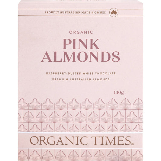 Organic Times- Pink Raspberry Dusted White Choc Almonds-130g
