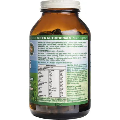 Green Nutritionals- Organic Green Superfoods Vegan Capsules 600mg-250 Caps