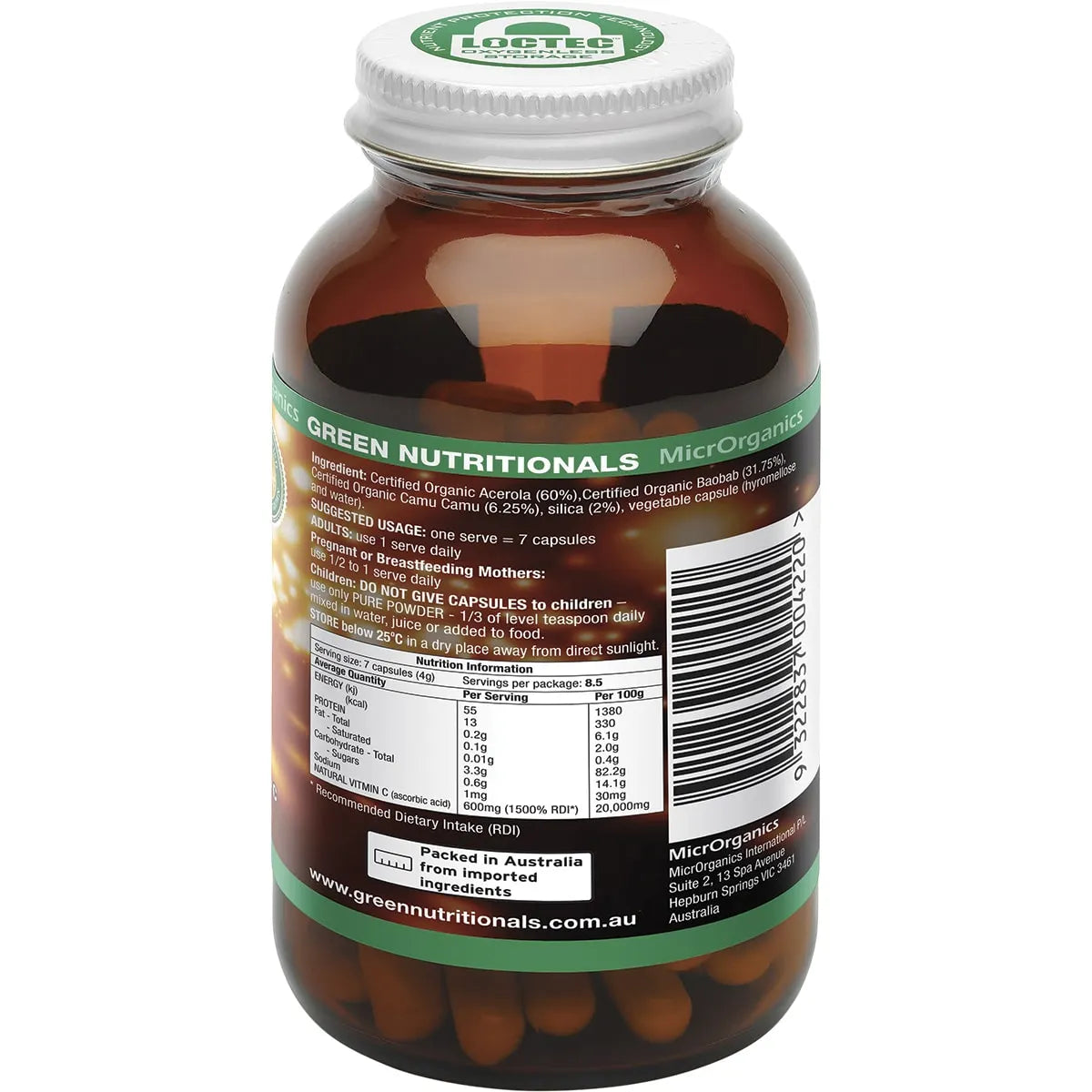 Green Nutritionals- Organic Green Vitamin C Vegan Capsules 600mg-60 Caps