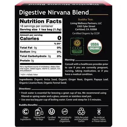 Buddha Teas- Organic Herbal Tea Bags Digestive Nirvana Blend-18pk
