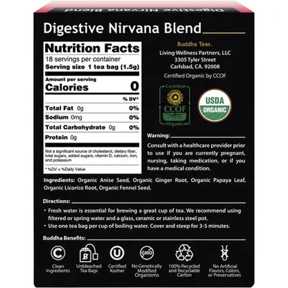 Buddha Teas- Organic Herbal Tea Bags Digestive Nirvana Blend-18pk