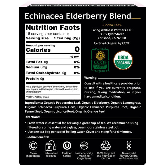 Buddha Teas- Organic Herbal Tea Bags Echinacea Elderberry Blend-18pk