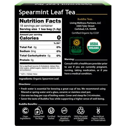 Buddha Teas- Organic Herbal Tea Bags Spearmint Leaf Tea-18pk