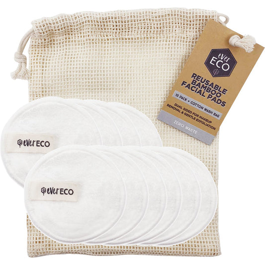 Ever Eco- Reusable Bamboo Facial Pads White with Cotton Wash Bag-10pk
