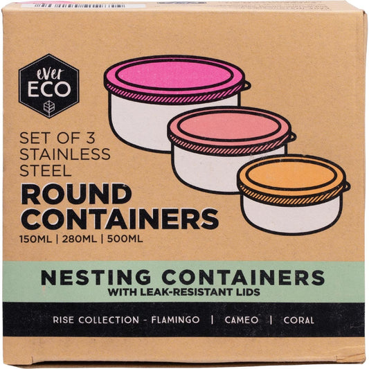 Ever Eco- Stainless Steel Round Containers Rise Leak Resistant-3pk