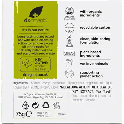 Dr. Organic- Shampoo Bar Tea Tree & Lemon Oily Roots & Scalp-75g