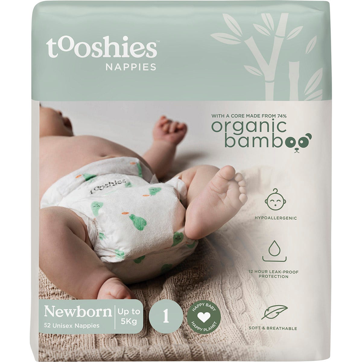 Tooshies- 74% Organic Bamboo Nappies Size 1 Newborn 3-5kg-2x52pk