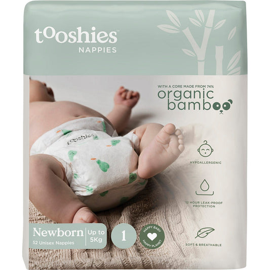 Tooshies- 74% Organic Bamboo Nappies Size 1 Newborn 3-5kg-2x52pk