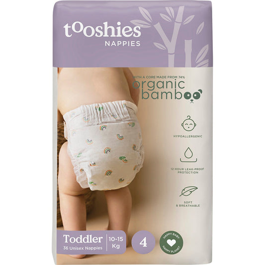 Tooshies- 74% Organic Bamboo Nappies Size 4 Toddler 10-15kg-2x36pk