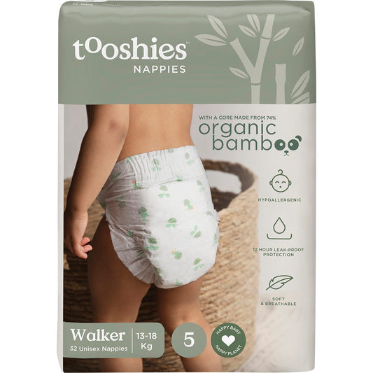 Tooshies- 74% Organic Bamboo Nappies Size 5 Walker 13-18kg-2x32pk