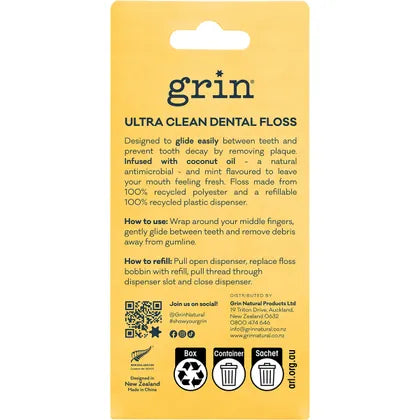 Grin- Ultra Clean Floss Coconut Oil Infused 30m + Refill-8x2pk