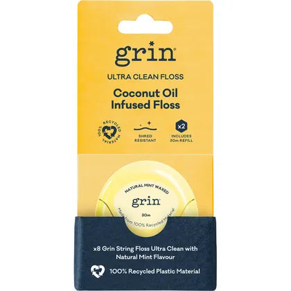 Grin- Ultra Clean Floss Coconut Oil Infused 30m + Refill-8x2pk