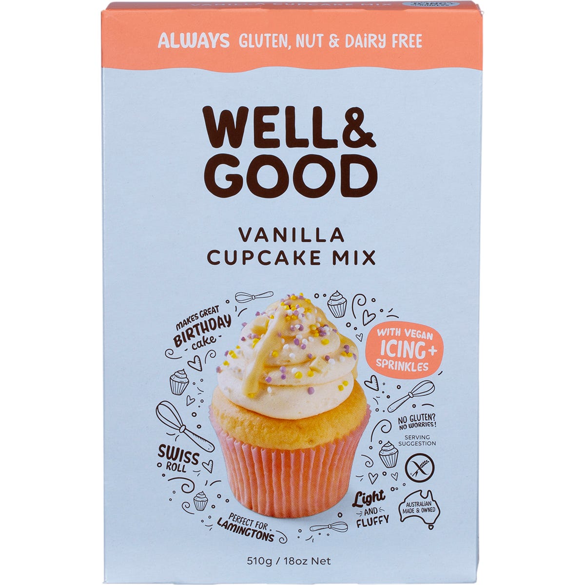 Well & Good- Vanilla Cupcake Mix with Icing & Sprinkles-510g