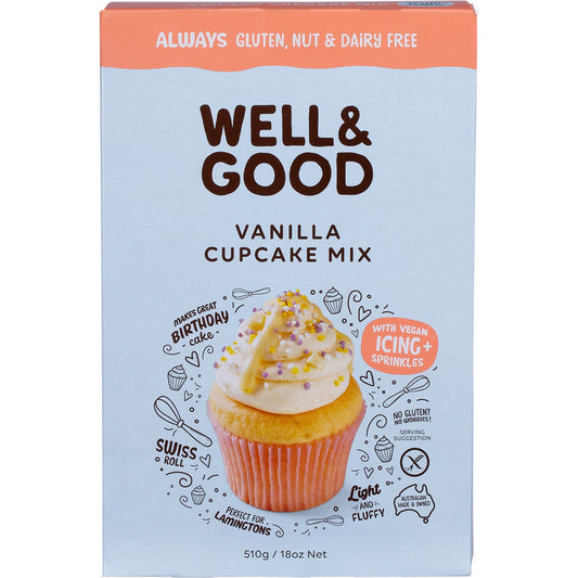 Well & Good- Vanilla Cupcake Mix with Icing & Sprinkles-510g